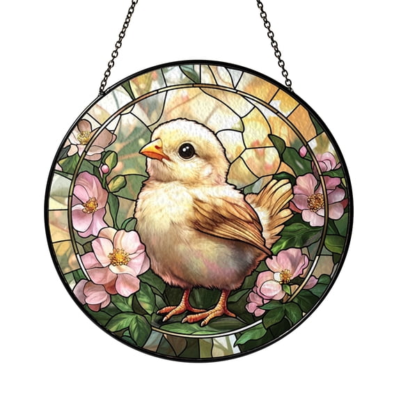 Spring Floral Chick Stained Glass Style Window Suncatcher Hanging Decor, Cute Bird Decorative Glass Panel Art for Seasonal Window Ornament