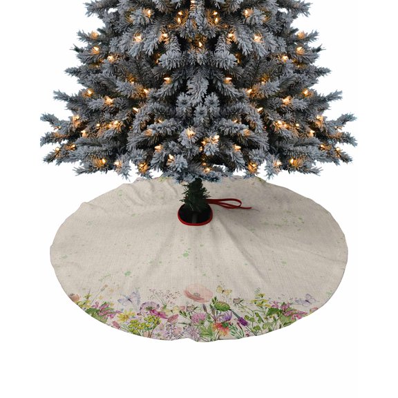 Spring Floral Christmas Tree Skirt 36 Inches Large Christmas Skirt Tree, Summer Flower Botanical Rustic Burlap Tree Skirt Christmas Decorations for Fireplace Party Holidays Indoor Outdoor