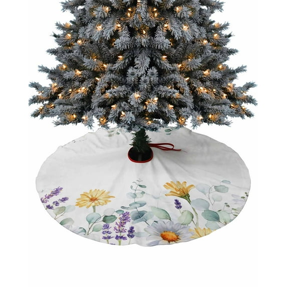 Spring Floral Christmas Tree Skirt 48 Inches Large Christmas Skirt Tree, Pastoral Eucalyptus Leaves Summer Botanical Tree Skirt Christmas Decorations for Fireplace Party Holidays Indoor Outdoor