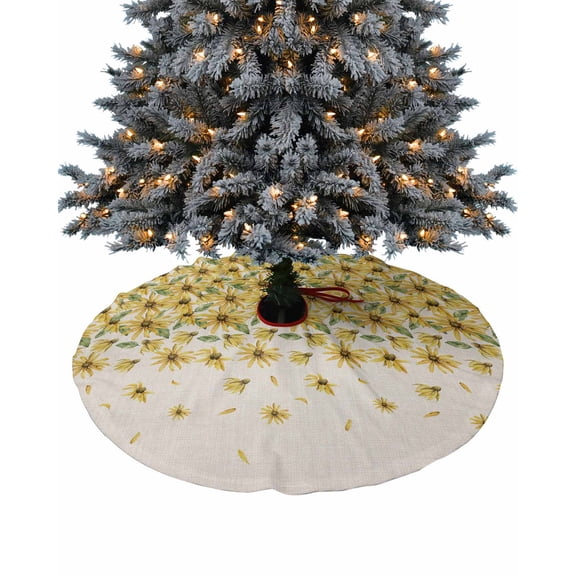 Spring Floral Christmas Tree Skirt 48 Inches Large Christmas Skirt Tree, Yellow Flowers Weeping Summer Botanical Rustic Burlap Tree Skirt Christmas Decorations for Fireplace Party Indoor Outdoor