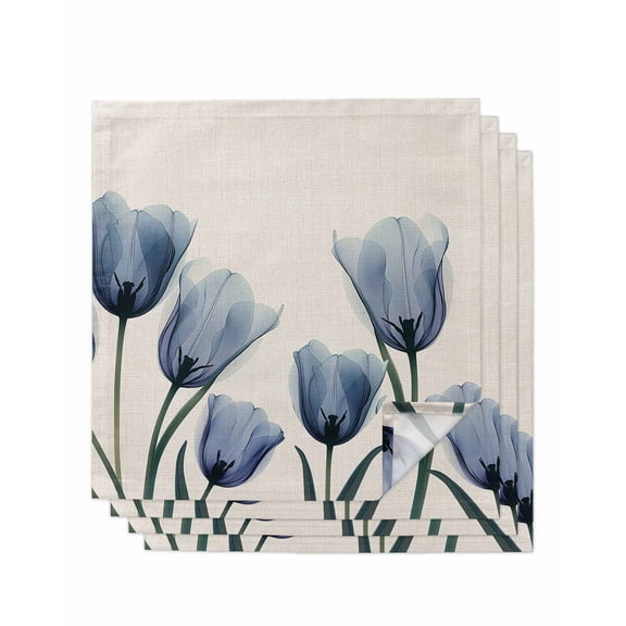 Spring Floral Cloth Napkins Washable Set of 4, Blue Tulip Summer Botanical Rustic Reusable Dinner Table Napkins Cloth Bulk for Weddings Kitchen Restaurants Hotel Events Parties 20 x 20 Inch