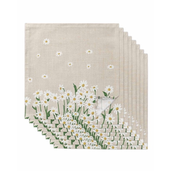 Spring Floral Cloth Napkins Washable Set of 8, White Daisy Farmhouse Linen Texture Reusable Dinner Table Napkins Cloth Bulk for Weddings Kitchen Restaurants Hotel Events Parties 20 x 20 Inch