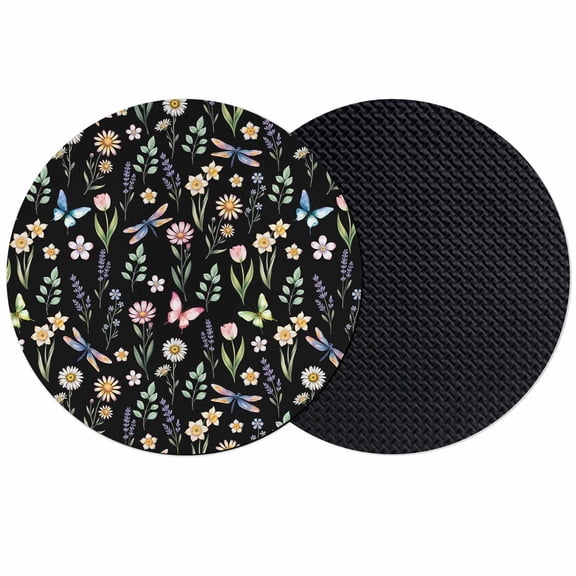 Spring Floral Coasters Set of 2, Absorbent Coasters for Drinks, Elegant Pastoral Flowers Dragonfly Black Coaster for Desk Coffee Table Protection, Home Decor House Warming Gifts 4"