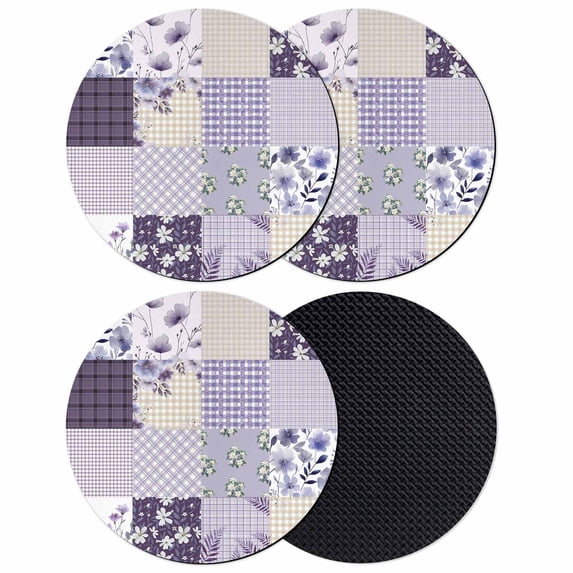 Spring Floral Coasters Set of 4, Absorbent Coasters for Drinks, Dark Purple Flowers Patchwork Grid Bohemia Coaster for Desk Coffee Table Protection, Home Decor House Warming Gifts 4"