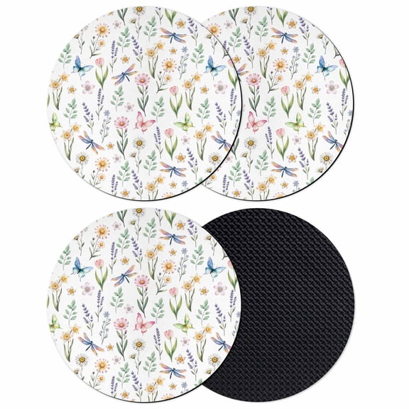 Spring Floral Coasters Set of 4, Absorbent Coasters for Drinks, Elegant Pastoral Flowers Dragonfly Watercolor Coaster for Desk Coffee Table Protection, Home Decor House Warming Gifts 4"