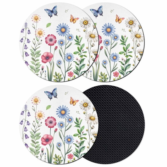 Spring Floral Coasters Set of 4, Absorbent Coasters for Drinks, Pink Blue Flowers Botanical Butterflies Coaster for Desk Coffee Table Protection, Home Decor House Warming Gifts 4"