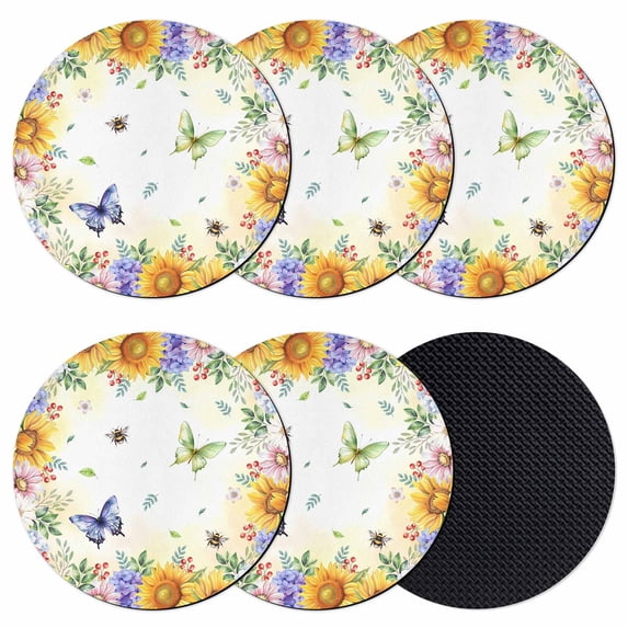 Spring Floral Coasters Set of 6, Absorbent Coasters for Drinks, Hydrangea Sunflowers Butterflies Watercolor Coaster for Desk Coffee Table Protection, Home Decor House Warming Gifts 4"