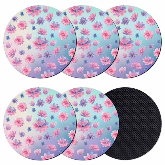 Spring Floral Coasters Set of 6, Absorbent Coasters for Drinks, Purple Pink Blue Flower Botanical Ombre Coaster for Desk Coffee Table Protection, Home Decor House Warming Gifts 4"