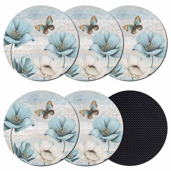 Spring Floral Coasters Set of 6, Absorbent Coasters for Drinks, Vintage Tulips Flower Butterfly Retro Wood Blue Coaster for Desk Coffee Table Protection, Home Decor House Warming Gifts 4"