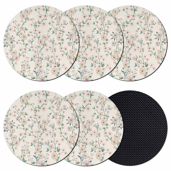 Spring Floral Coasters Set of 6, Absorbent Coasters for Drinks, Watercolor Flowers Leaves Tree Branches Beige Coaster for Desk Coffee Table Protection, Home Decor House Warming Gifts 4"