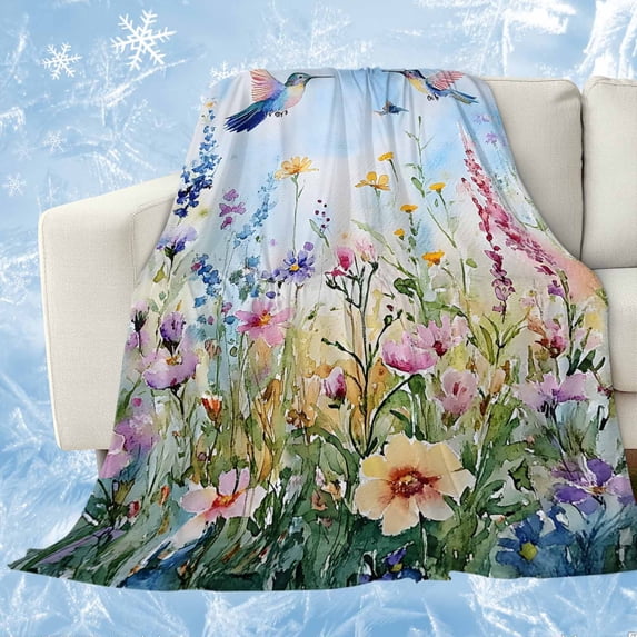 Spring Floral Cooling Blanket, Lightweight Breathable Summer Throw Blanket with Double Sided Cold Effect, Summer Botanical Hummingbird Picnic Beach Blankets Bed Sheet for Hot Sleepers 60"x80"