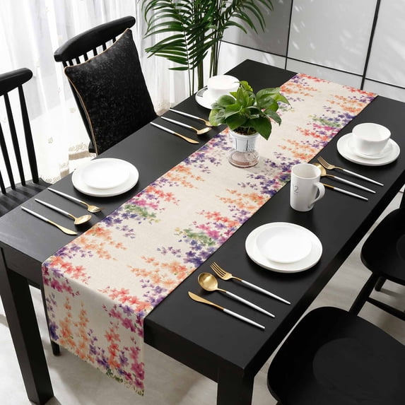 Spring Floral Cotton Linen Small Table Runner 13 x 36 inch Wildflower Beige Retro Garden Pastoral Non-slip Rectangular Dining Table Decor for Wedding Party Holiday Dinner