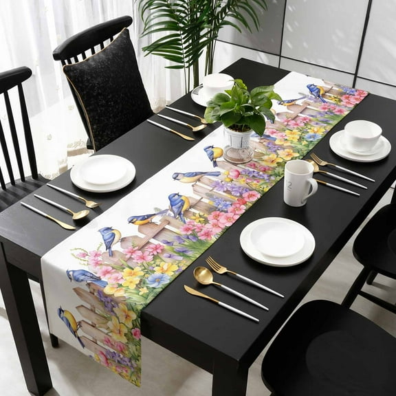 Spring Floral Cotton Linen Table Runner 18 x 72 inch Summer Birds Botanical Fence Non-slip Rectangular Dining Table Decor for Wedding Party Holiday Dinner