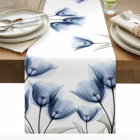 Spring Floral Cotton Linen Table Runner Blue X-ray Tulip Looming Flower Leaf Modern Dining Table Runners for Home Decor Party Dining Room Restaurant Kitchen 13" x 36"