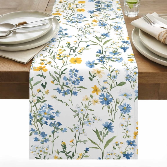 Spring Floral Cotton Linen Table Runner Blue Yellow Wildflower Green Leaves Rustic Dining Table Runners for Home Decor Party Dining Room Restaurant Kitchen 13" x 36"