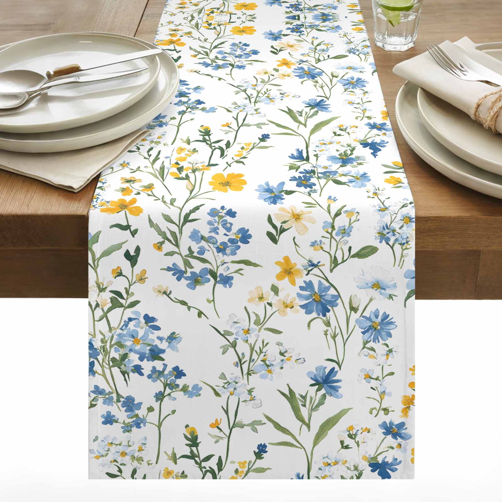 Spring Floral Cotton Linen Table Runner Blue Yellow Wildflower Green Leaves Rustic Dining Table Runners for Home Decor Party Dining Room Restaurant Kitchen 13" x 108"