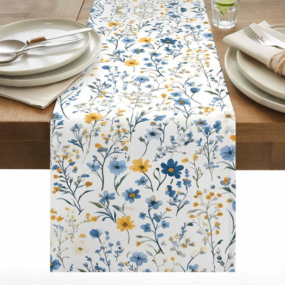 Spring Floral Cotton Linen Table Runner Blue Yellow Wildflower Leaves Dining Table Runners for Home Decor Party Dining Room Restaurant Kitchen 13" x 36"