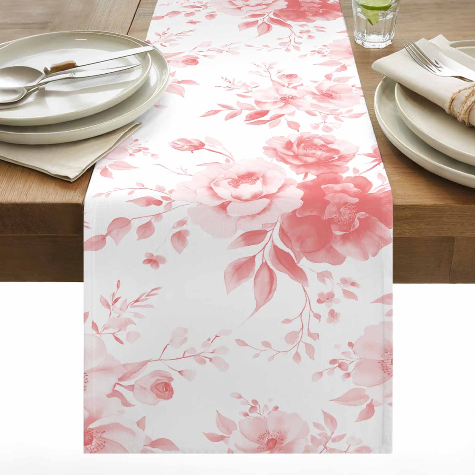 Spring Floral Cotton Linen Table Runner Classic Pink Gradient Flowers Dining Table Runners for Home Decor Party Dining Room Restaurant Kitchen 13" x 120"