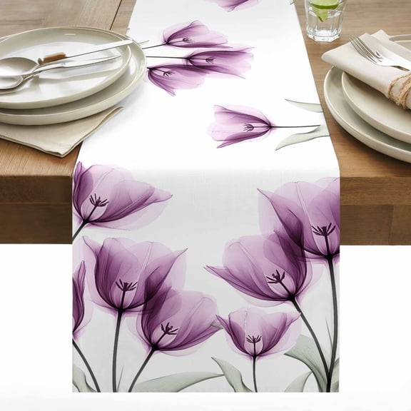 Spring Floral Cotton Linen Table Runner Pink X-ray Tulip Looming Flower Leaf Modern Dining Table Runners for Home Decor Party Dining Room Restaurant Kitchen 13" x 36"