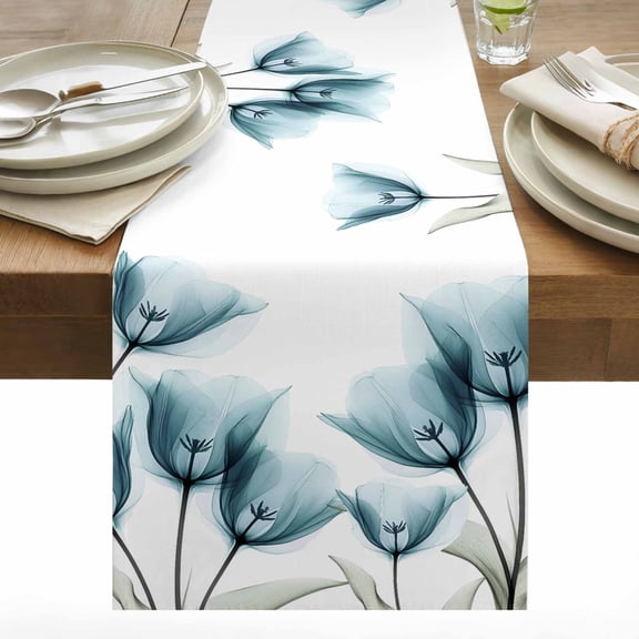 Spring Floral Cotton Linen Table Runner Teal Green X-ray Tulip Looming Flower Leaf Modern Dining Table Runners for Home Decor Party Dining Room Restaurant Kitchen 13" x 36"