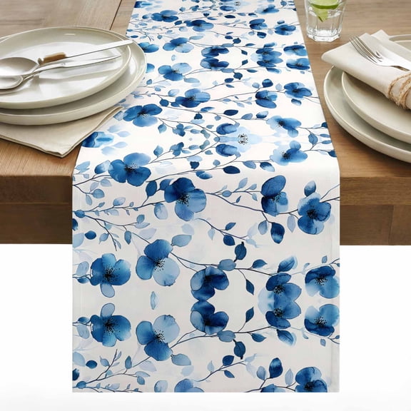 Spring Floral Cotton Linen Table Runner Vintage Watercolor Blue Flower Leaf Plant Rustic Dining Table Runners for Home Decor Party Dining Room Restaurant Kitchen 13" x 48"