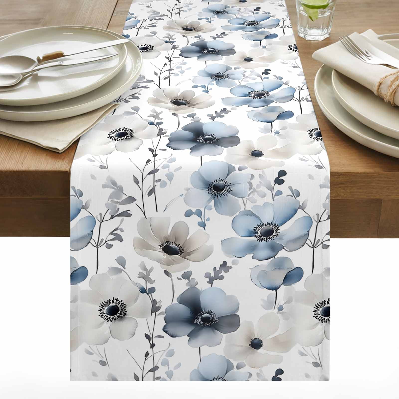 Spring Floral Cotton Linen Table Runner Watercolor Grey Blue Flower Grey Leaves Dining Table Runners for Home Decor Party Dining Room Restaurant Kitchen 13" x 108"