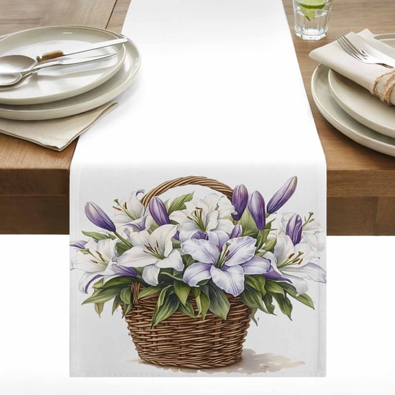 Spring Floral Cotton Linen Table Runner Watercolor Retro White Purple Flower Green Leaf Plant Basket Dining Table Runners for Home Decor Party Dining Room Restaurant Kitchen 13" x 48"