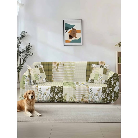 Spring Floral Couch Cover for 2 Cushion Sofa, Yellow Flowers Botanical Patchwork Grid Bohemia Washable Loveseat Sofa Covers Slipcover for Sectional Sofas L-Shaped, Couch Throw Cover 71"x118"