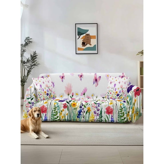 Spring Floral Couch Cover, Butterflies Botanical Farmhouse Sofa Cover Blanket for 3 Cushion Couch, Sectional Sofa Slipcover Furniture Protector for Living Room Bedroom 71''x134''