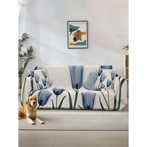 Spring Floral Couch Cover for Dogs, Blue Tulip Summer Botanical Rustic Washable Sofa Covers Slipcover for Pets Dogs Futon Cover, Couch Recliner Covers, Oversized Chair Slipcover 71"x91"