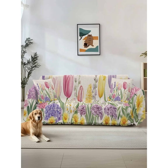 Spring Floral Couch Cover, Pink Tulip Summer Botanical Rustic Sofa Cover Blanket for Loveseat Couches, Sectional Sofa Slipcover Furniture Protector for Living Room Bedroom 71''x118''