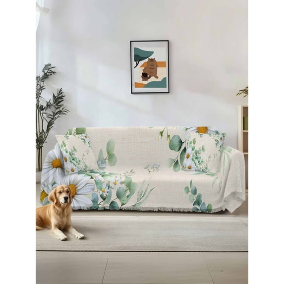 Spring Floral Couch Cover Sofa Covers 3 Cushion Sectional Couch, Daisy Eucalyptus Leaves Watercolor Rustic Washable Sofa Covers Slipcover Sectional Sofa Cover, Furniture Protector 71"x150"