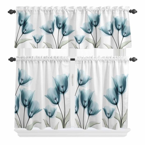 Spring Floral Curtain Valances Set Teal Green X-ray Tulip Looming Flower Leaf Modern Kitchen Curtains 24 inch Length Rod Pocket Valance and Tiers 3 Piece Set Small Bedroom Bathroom Laundry Decor