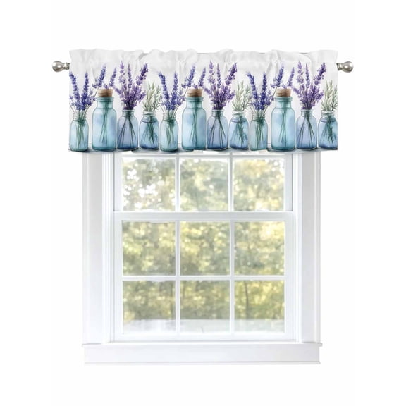 Spring Floral Curtain Valances for Windows, Botanical Lavender Flower in Vase Kitchen Valance Window Treatment, Light Filtering Block Curtains for Bathroom/Bedroom/Living Room 42'' x 12''
