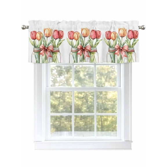 Spring Floral Curtain Valances for Windows, Botanical Tulip Flower Bow in Vase Kitchen Valance Window Treatment, Light Filtering Block Curtains for Bathroom/Bedroom/Living Room 42'' x 12''