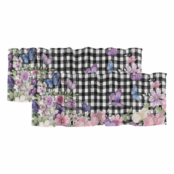 Spring Floral Curtain Valances for Windows, Kitchen Valance Window Treatments Panel 2 Pack, Black White Checkered Farmhouse Butterfly Rod Pocket Short Curtains for Bathroom Bedroom 60 x 18 Inch