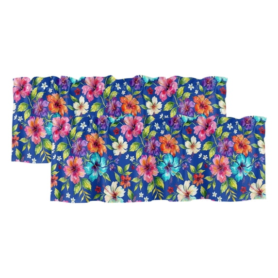Spring Floral Curtain Valances for Windows, Kitchen Valance Window Treatments Panel 2 Pack, Colorful Flowers Summer Botanical Blue Rod Pocket Short Curtains for Bathroom Bedroom 54 x 18 Inch