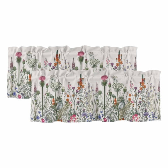 Spring Floral Curtain Valances for Windows, Kitchen Valance Window Treatments Panel 2 Pack, Country Botanical Watercolor Botanical Rod Pocket Short Curtains for Bathroom Bedroom 42 x 12 Inch