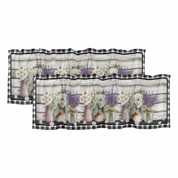 Spring Floral Curtain Valances for Windows, Kitchen Valance Window Treatments Panel 2 Pack, Pastoral Bottle Flowers Wood Black Plaid Rod Pocket Short Curtains for Bathroom Bedroom 42 x 12 Inch