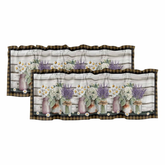 Spring Floral Curtain Valances for Windows, Kitchen Valance Window Treatments Panel 2 Pack, Pastoral Bottle Flowers Wood Brown Plaid Rod Pocket Short Curtains for Bathroom Bedroom 42 x 12 Inch