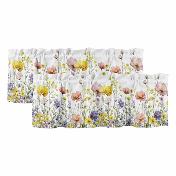 Spring Floral Curtain Valances for Windows, Kitchen Valance Window Treatments Panel 2 Pack, Pink Yellow Flowers Pastoral Elegant Rod Pocket Short Curtains for Bathroom Bedroom 42 x 12 Inch