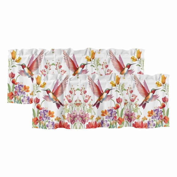 Spring Floral Curtain Valances for Windows, Kitchen Valance Window Treatments Panel 2 Pack, Summer Botanical Colorful Birds Retro Rod Pocket Short Curtains for Bathroom Bedroom 54 x 18 Inch