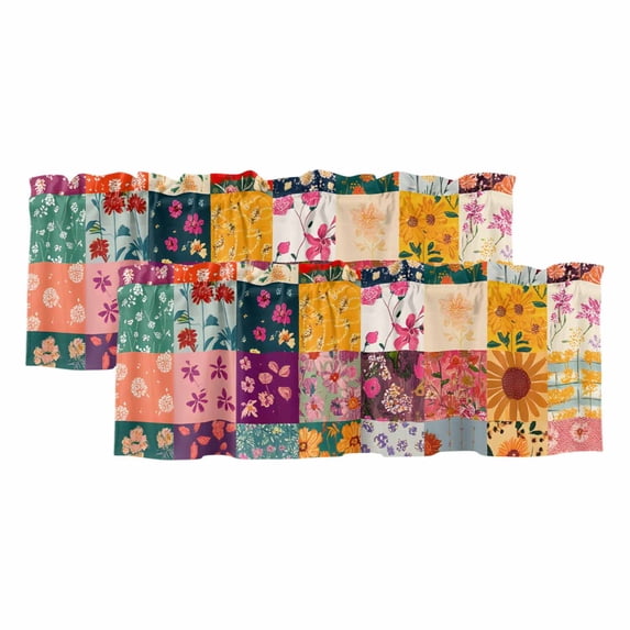 Spring Floral Curtain Valances for Windows, Kitchen Valance Window Treatments Panel 2 Pack, Vintage Plaid Summer Botanical Colorful Rod Pocket Short Curtains for Bathroom Bedroom 42 x 18 Inch