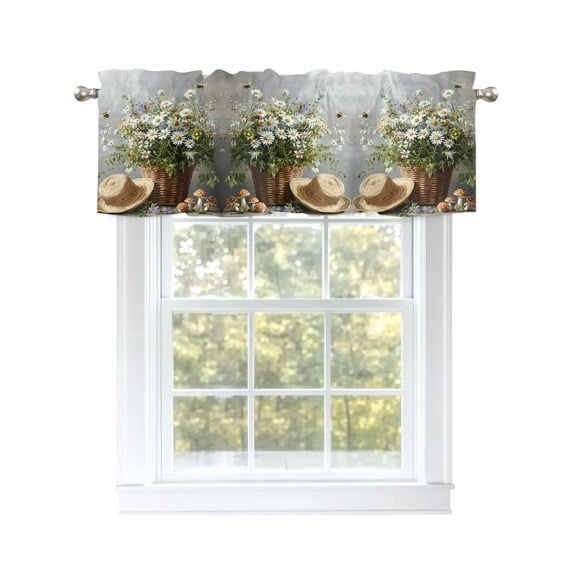 Spring Floral Curtain Valances for Windows, Summer Flower Pastoral Watercolor Bee Kitchen Valance Window Treatment, Light Filtering Block Curtains for Bathroom/Bedroom/Living Room 42'' x 12''