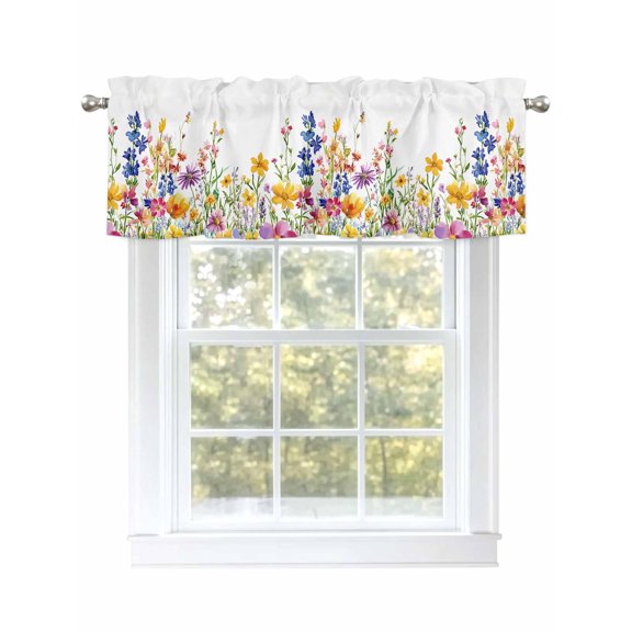 Spring Floral Curtain Valances for Windows, Summer Watercolor Botanical Colorful Kitchen Valance Window Treatment, Light Filtering Block Curtains for Bathroom/Bedroom/Living Room 54'' x 18''