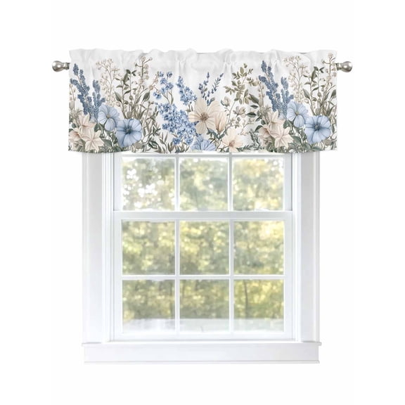 Spring Floral Curtain Valances for Windows, White Blue Flower Window Valances, Window Treatment Rod Pocket Valance Curtains for Living Room/Kitchen/Bedroom/Bathroom, 54x18inch