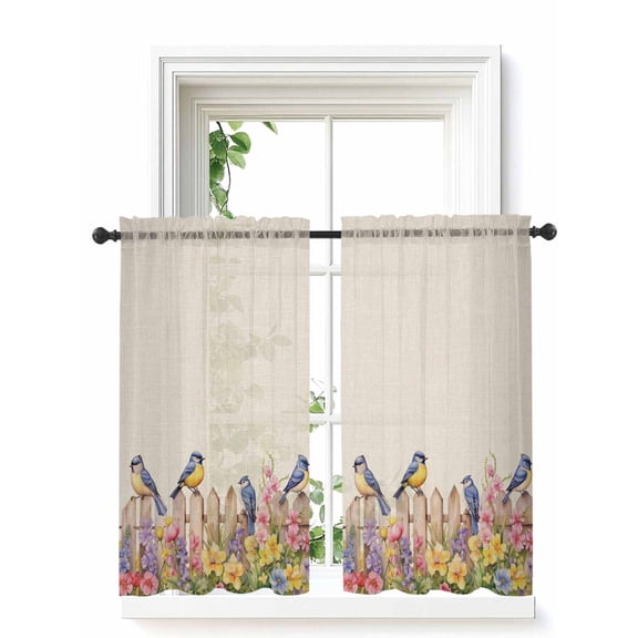 Spring Floral Curtains 45 Inch Length, Sheer Curtains for Bedroom Living Room Window Summer Birds Botanical Fence Rustic Rod Pocket Voile Drapes Kitchen Curtains Small Half Window 42"x45" 2 Panels