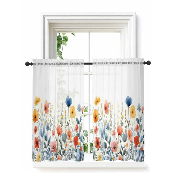 Spring Floral Curtains 45 Inch Length, Sheer Curtains for Bedroom Living Room Window Watercolor Elegant Summer Botanical Rod Pocket Voile Drapes Kitchen Curtains Small Half Window 42"x45" 2 Panels