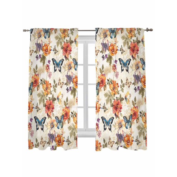 Spring Floral Curtains 63 Inch Length, Sheer Curtains for Bedroom Living Room Window Colorful Vintage Botanical Butterfly Rod Pocket Voile Drapes Kitchen Curtains Small Half Window 42"x63" 2 Panels