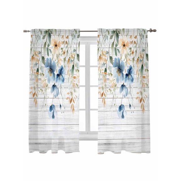 Spring Floral Curtains 63 Inch Length, Sheer Curtains for Bedroom Living Room Window Weeping Blue Botanical Summer Vintage Rod Pocket Voile Drapes Kitchen Curtains Small Half Window 42"x63" 2 Panels